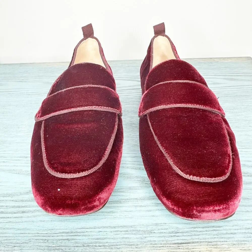 J Crew Women’s Red Merlot Velvet Loafers Slip On Size 8.5